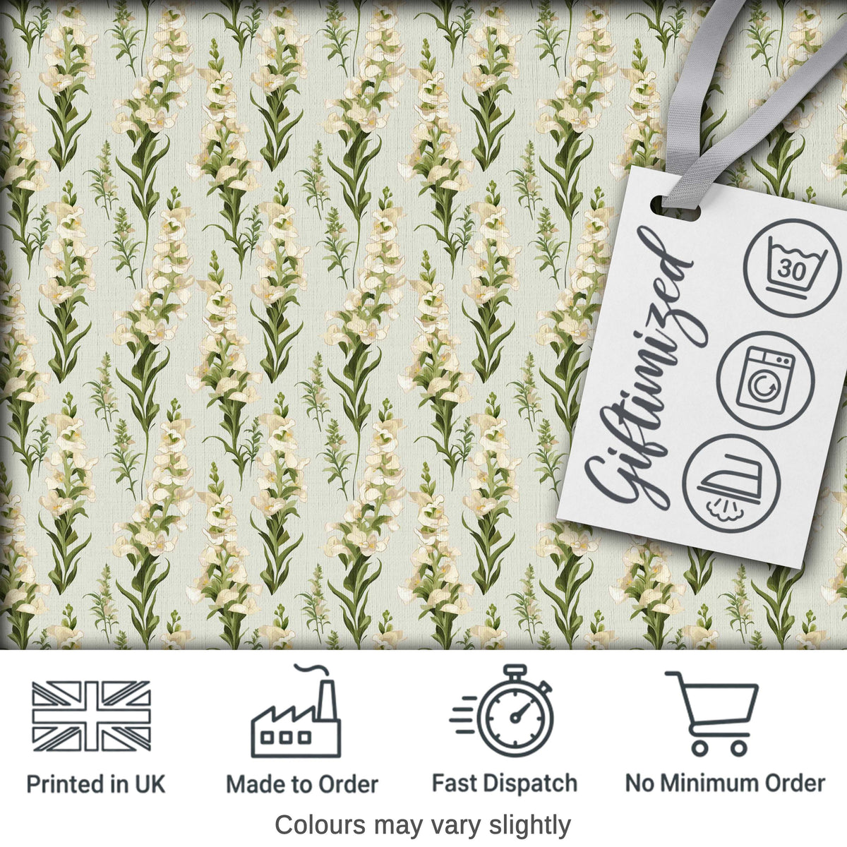 Cream White Floral Botanical Vertical Seamless Pattern Elegant Style Digital Print Fabric by the Metre UK Sewing Quilting Textile