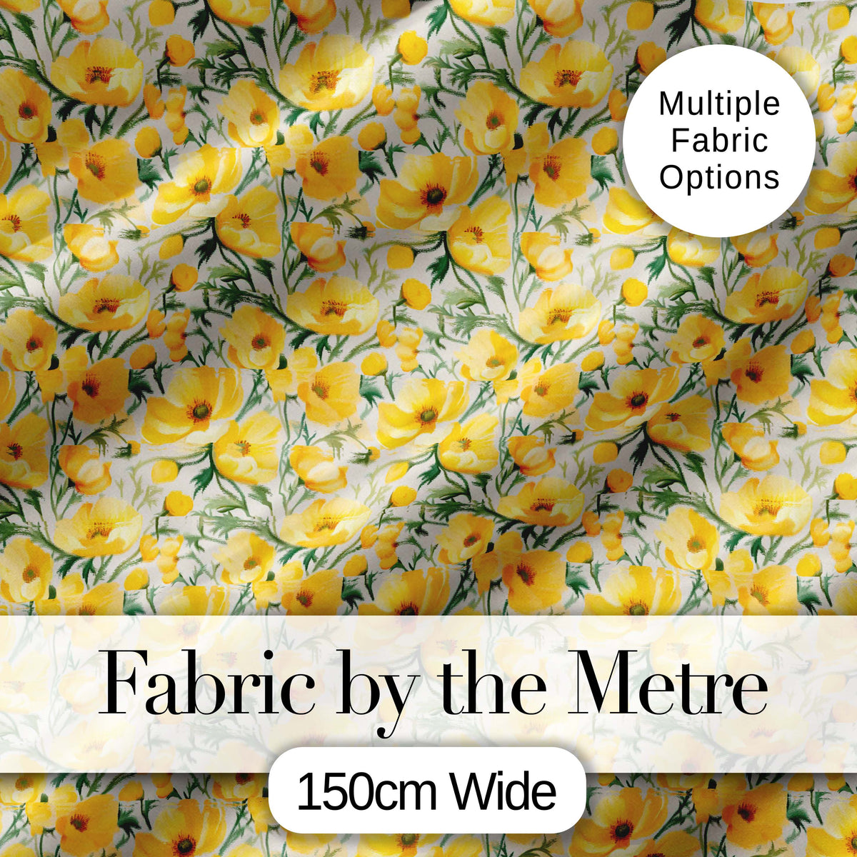Yellow Poppy Blossom Floral Seamless Pattern Soft Garden Design Digital Print Fabric by the Metre UK Sewing Quilting Textile