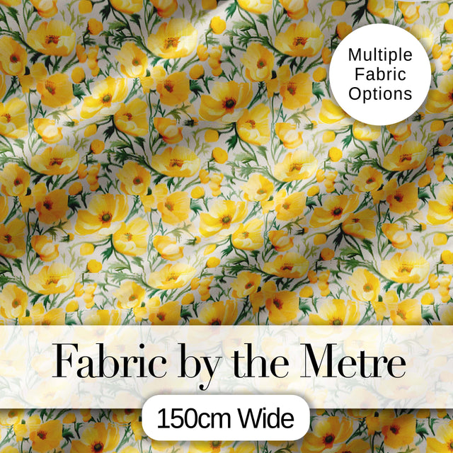 Yellow Poppy Blossom Floral Seamless Pattern Soft Garden Design Digital Print Fabric by the Metre UK Sewing Quilting Textile