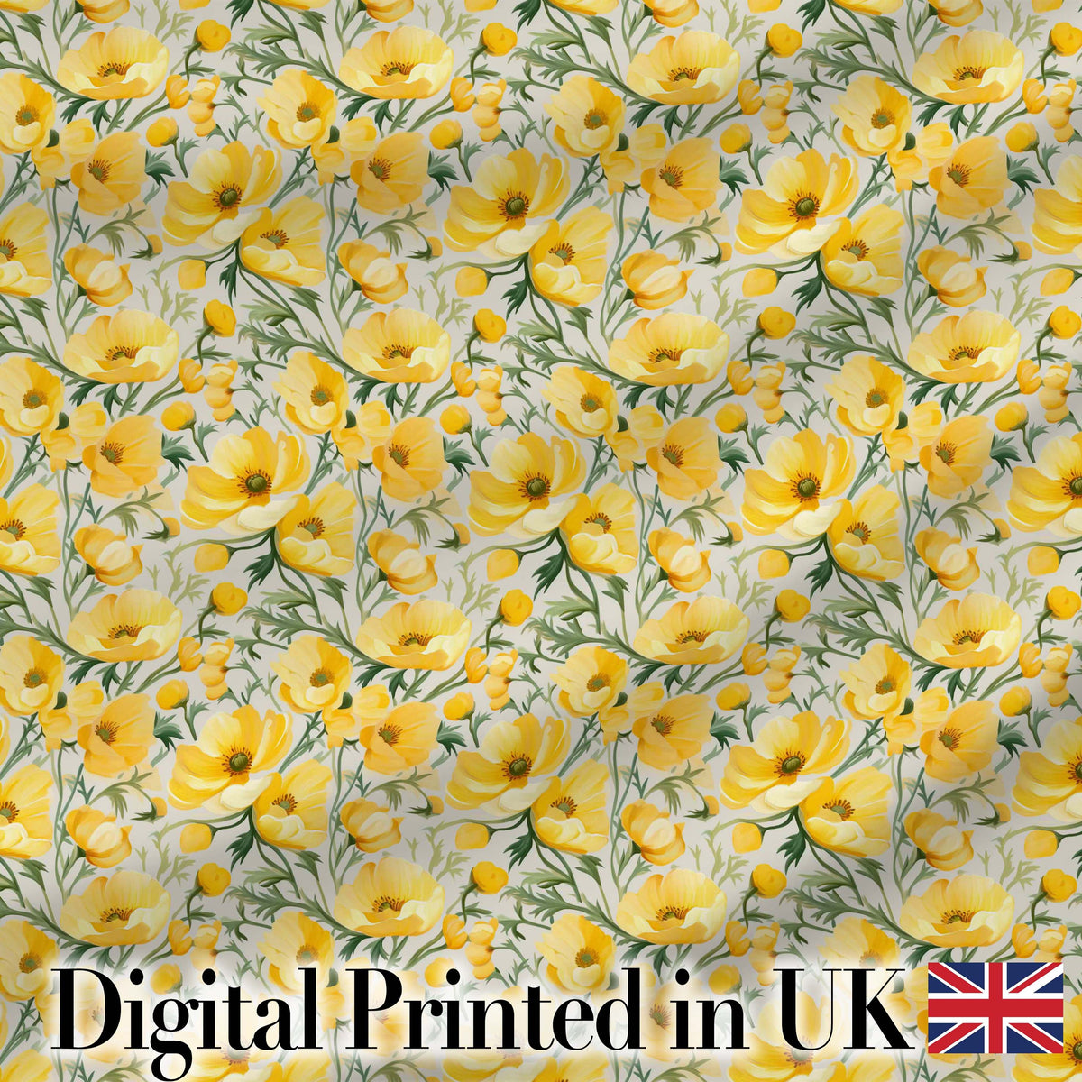 Yellow Poppy Blossom Floral Seamless Pattern Soft Garden Design Digital Print Fabric by the Metre UK Sewing Quilting Textile