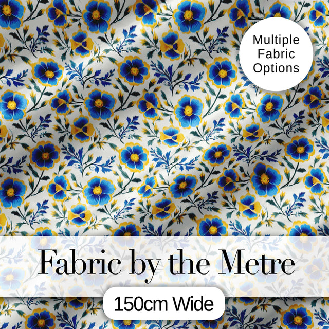 Blue Yellow Floral Vintage Seamless Pattern Elegant Botanical Style Digital Print Fabric by the Metre UK Sewing Quilting Textile