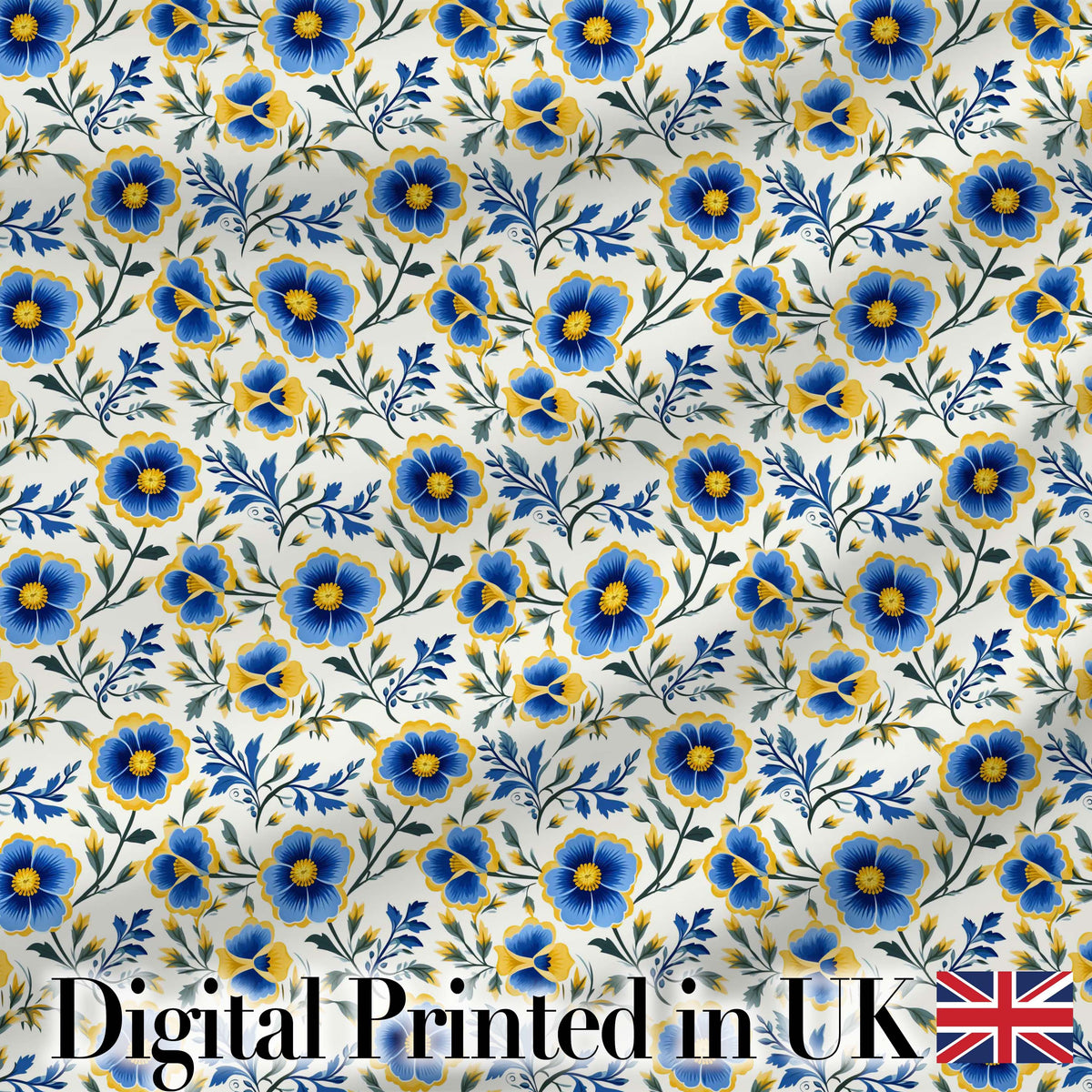 Blue Yellow Floral Vintage Seamless Pattern Elegant Botanical Style Digital Print Fabric by the Metre UK Sewing Quilting Textile