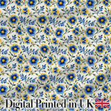 Blue Yellow Floral Vintage Seamless Pattern Elegant Botanical Style Digital Print Fabric by the Metre UK Sewing Quilting Textile