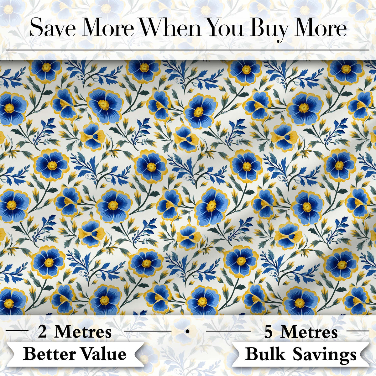 Blue Yellow Floral Vintage Seamless Pattern Elegant Botanical Style Digital Print Fabric by the Metre UK Sewing Quilting Textile