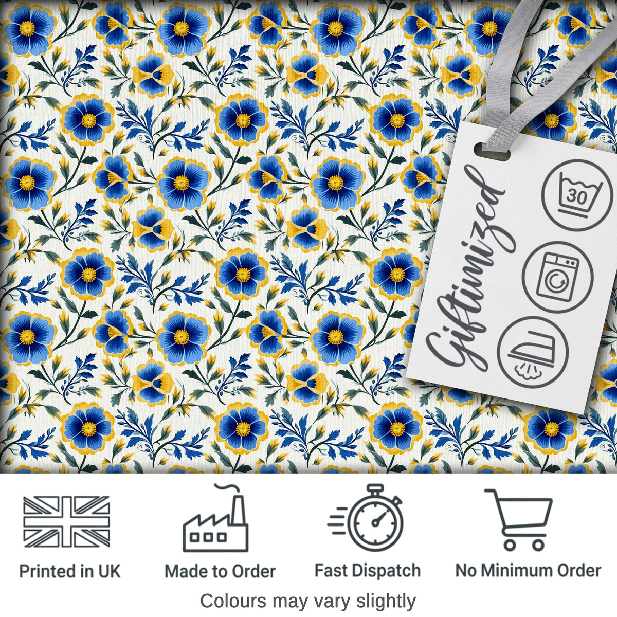 Blue Yellow Floral Vintage Seamless Pattern Elegant Botanical Style Digital Print Fabric by the Metre UK Sewing Quilting Textile