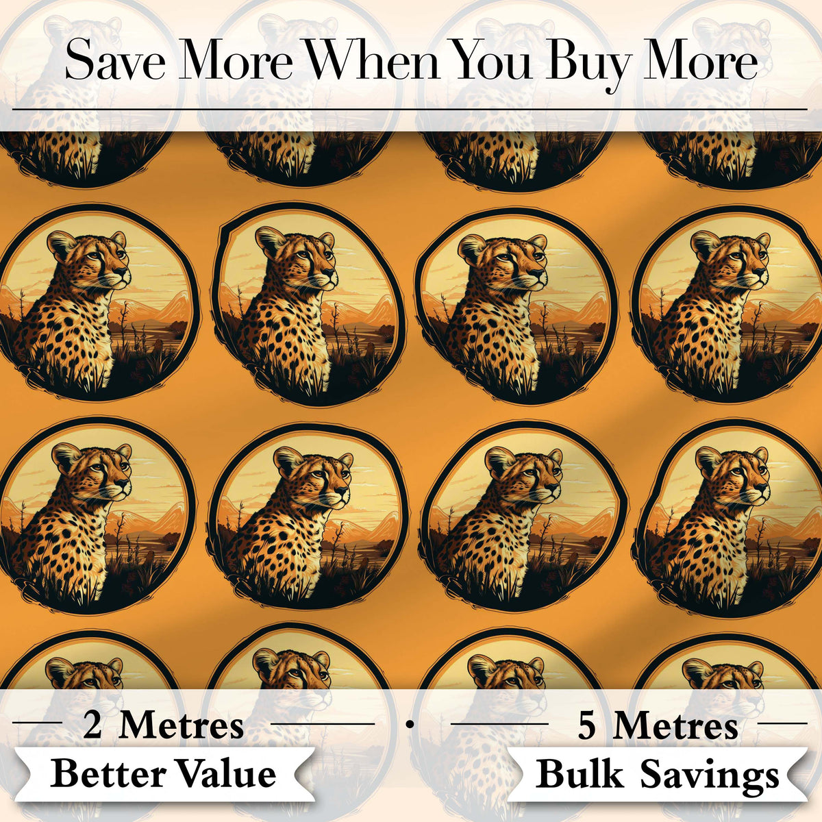 Cheetah Portrait Sunset Safari Seamless Pattern Wildlife Nature Design Digital Print Fabric by the Metre UK Sewing Quilting Textile