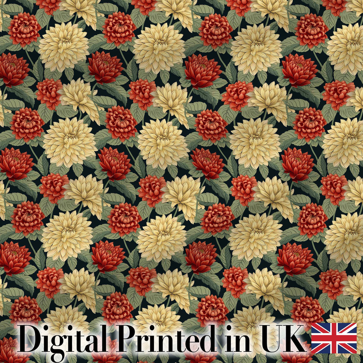 Vintage Chrysanthemum Floral Dark Background Seamless Pattern Classic Design Digital Print Fabric by the Metre UK Sewing Quilting Textile