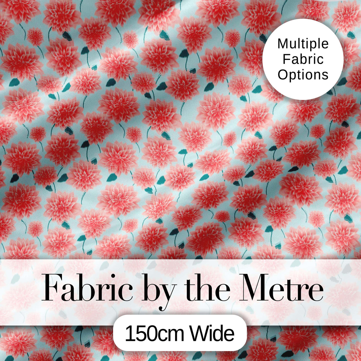Peach Dahlia Floral Light Blue Background Seamless Pattern Elegant Digital Print Fabric by the Metre UK Sewing Quilting Textile