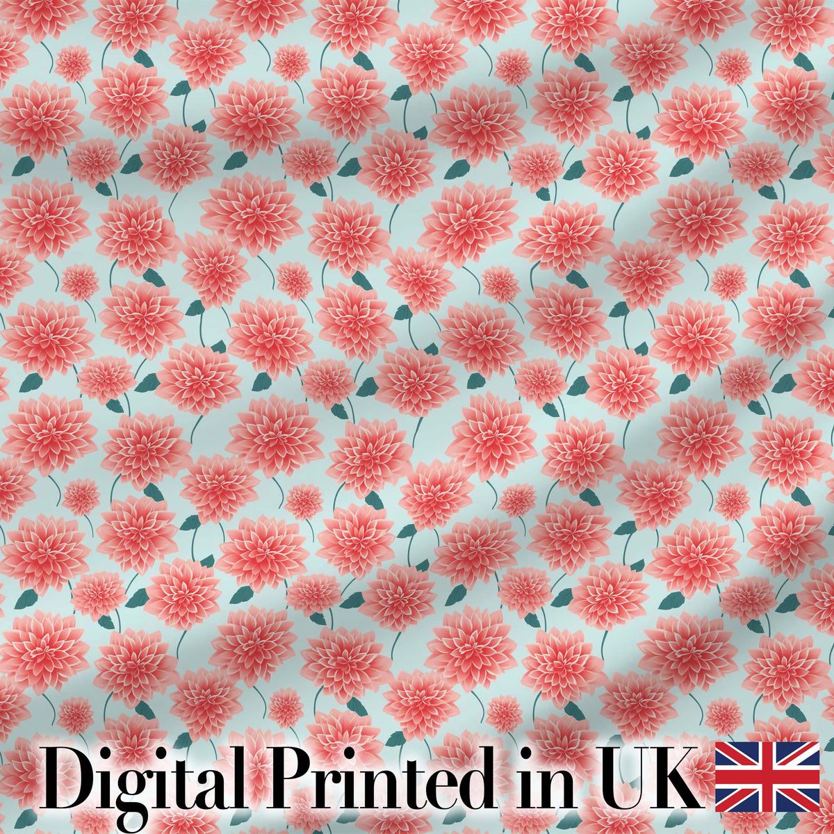 Peach Dahlia Floral Light Blue Background Seamless Pattern Elegant Digital Print Fabric by the Metre UK Sewing Quilting Textile