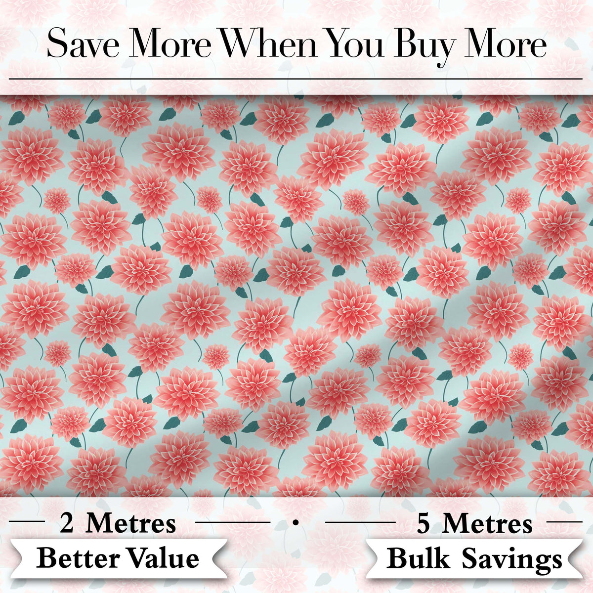 Peach Dahlia Floral Light Blue Background Seamless Pattern Elegant Digital Print Fabric by the Metre UK Sewing Quilting Textile