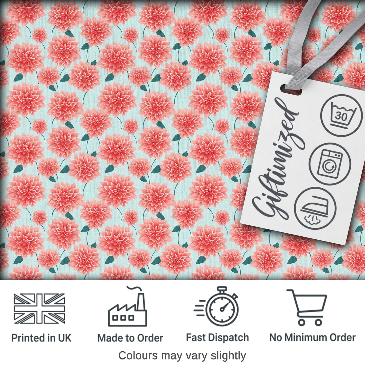 Peach Dahlia Floral Light Blue Background Seamless Pattern Elegant Digital Print Fabric by the Metre UK Sewing Quilting Textile