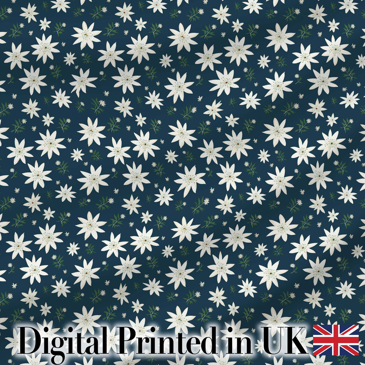 Small White Floral Scatter Navy Background Seamless Pattern Delicate Botanical Digital Print Fabric by the Metre UK Sewing Quilting Textile