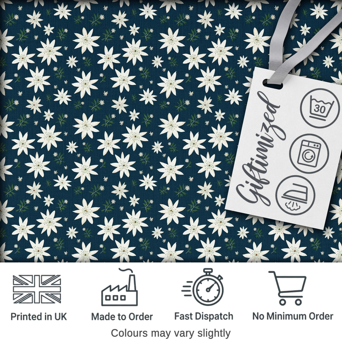 Small White Floral Scatter Navy Background Seamless Pattern Delicate Botanical Digital Print Fabric by the Metre UK Sewing Quilting Textile