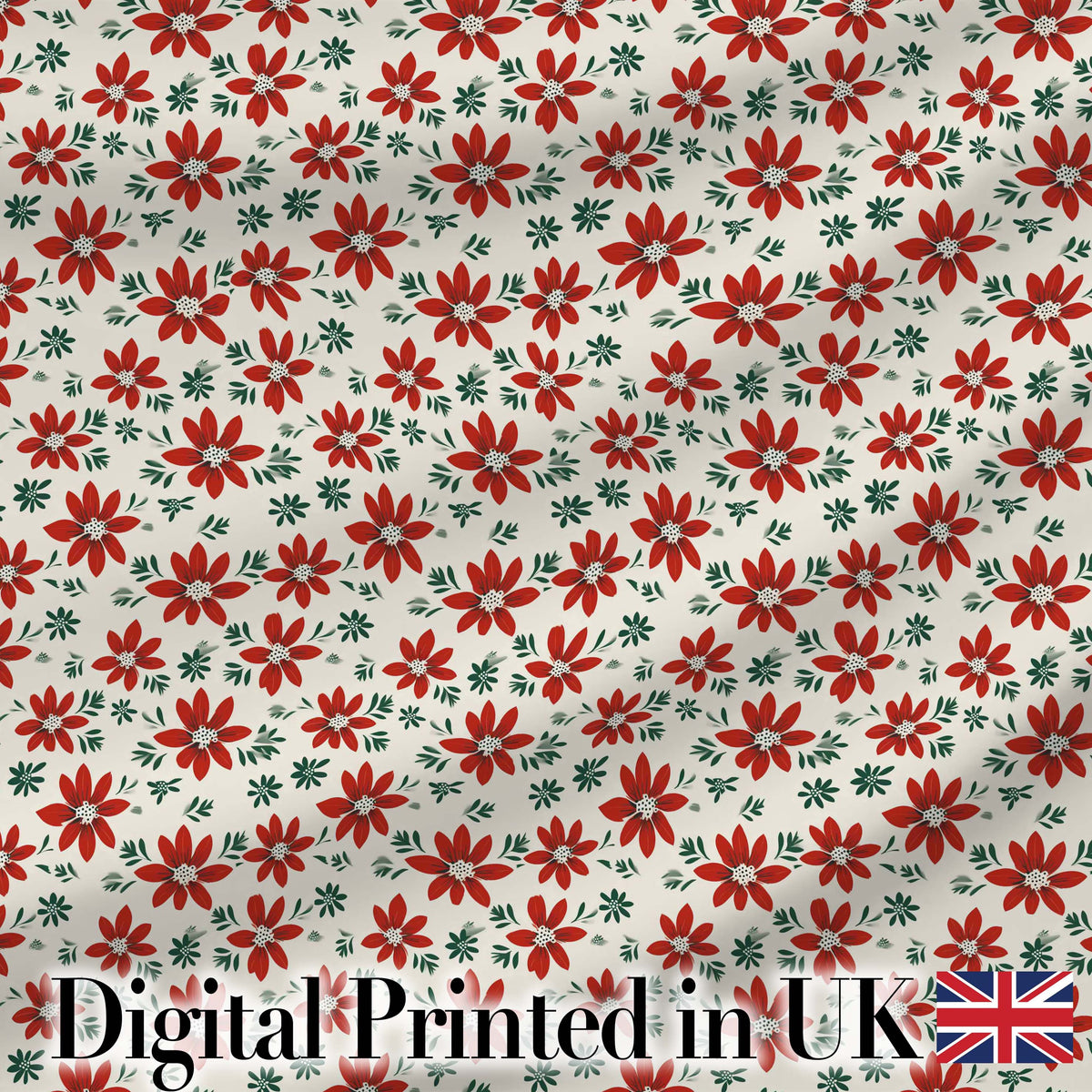 Red Folk Floral Pattern Cream Background Scandinavian Style Digital Print Fabric by the Metre UK Sewing Quilting Textile