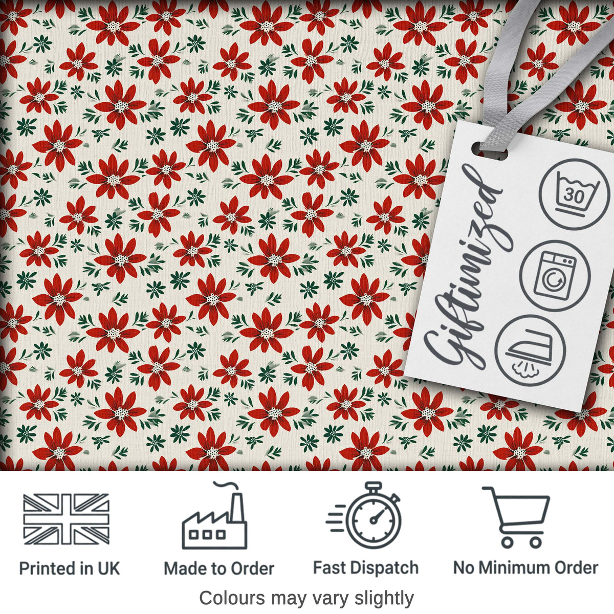 Red Folk Floral Pattern Cream Background Scandinavian Style Digital Print Fabric by the Metre UK Sewing Quilting Textile