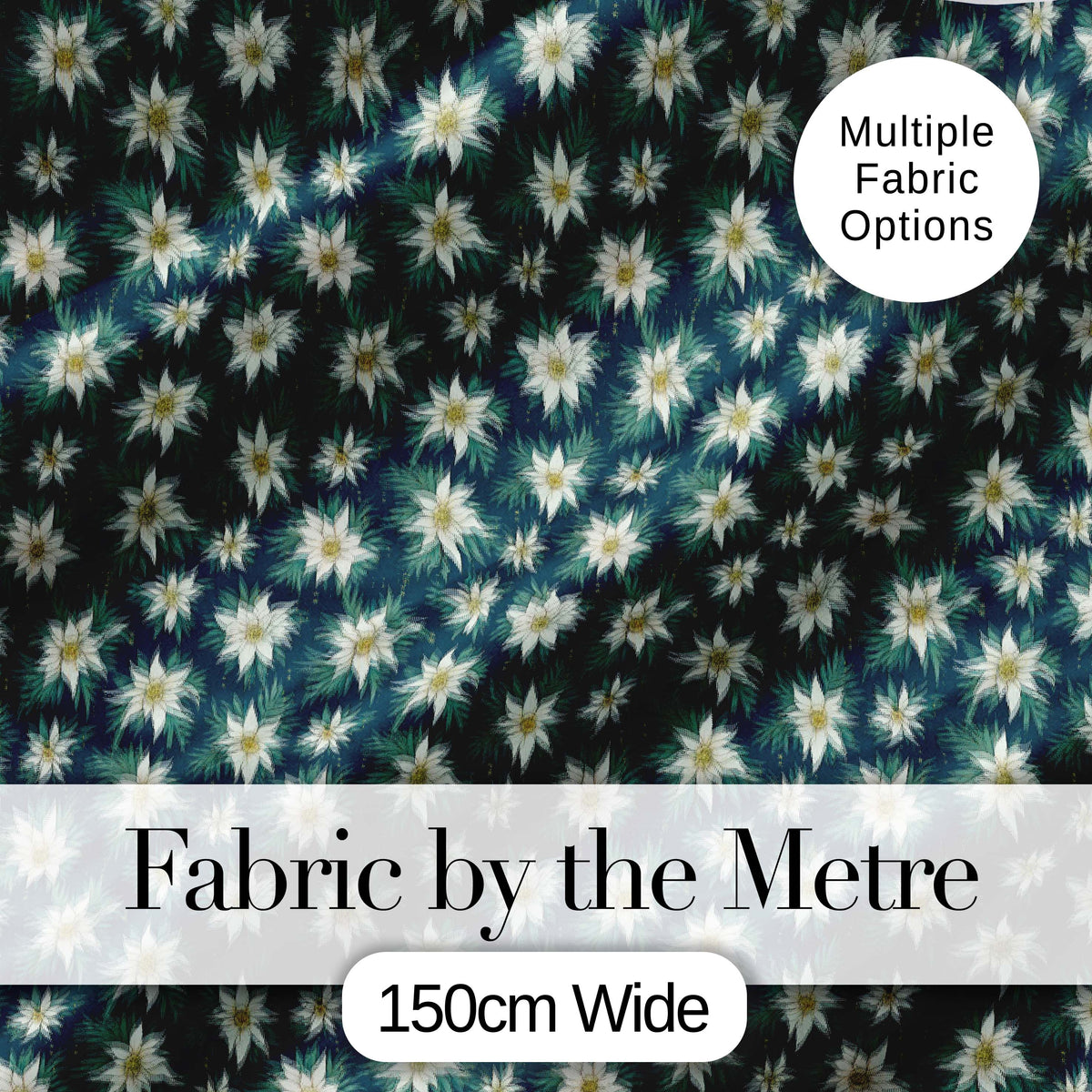 White Alpine Flowers Dark Teal Seamless Pattern Nature Botanical Digital Print Fabric by the Metre UK Sewing Quilting Textile