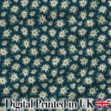 White Alpine Flowers Dark Teal Seamless Pattern Nature Botanical Digital Print Fabric by the Metre UK Sewing Quilting Textile