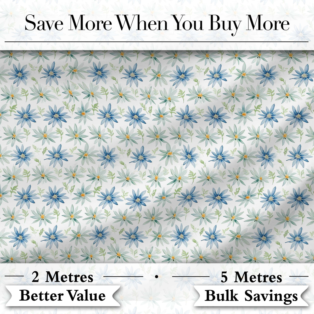 Blue Floral Watercolor Seamless Pattern Soft Botanical Design Digital Print Fabric by the Metre UK Sewing Quilting Textile