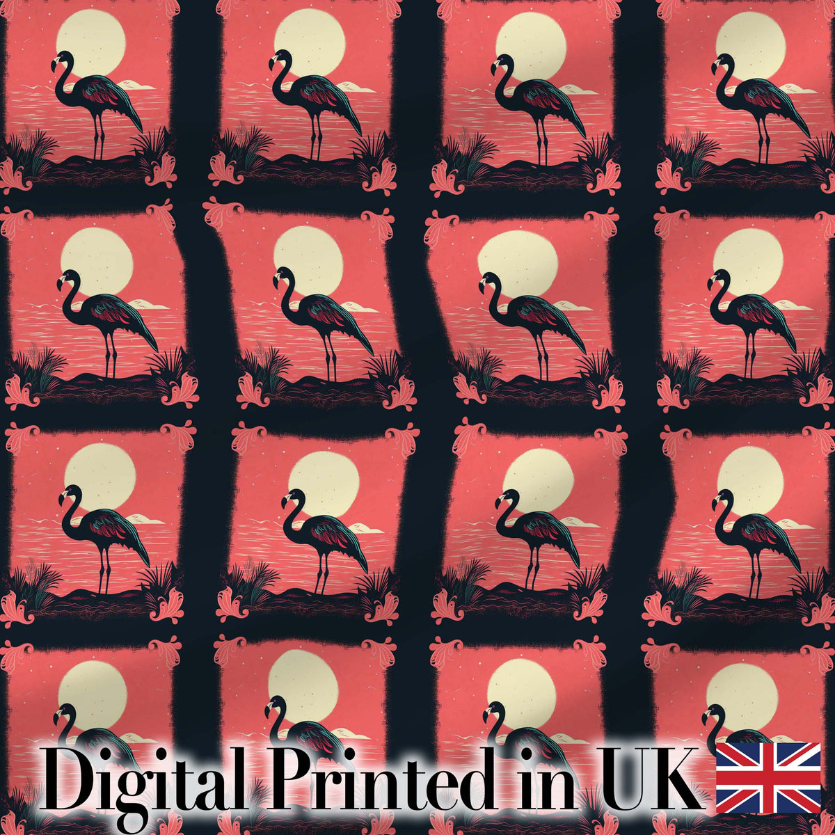Dark Flamingo Moonlight Tropical Scene Seamless Pattern Exotic Bird Design Digital Print Fabric by the Metre UK Sewing Quilting Textile