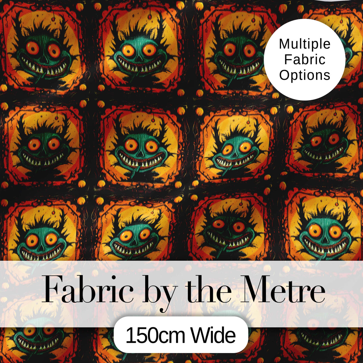 Grinning Monster Halloween Pumpkin Scene Seamless Pattern Creepy Cute Design Digital Print Fabric by the Metre UK Sewing Quilting Textile