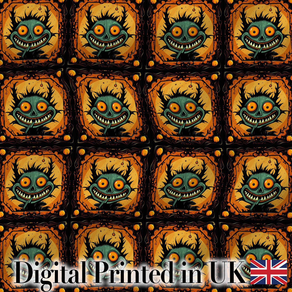 Grinning Monster Halloween Pumpkin Scene Seamless Pattern Creepy Cute Design Digital Print Fabric by the Metre UK Sewing Quilting Textile