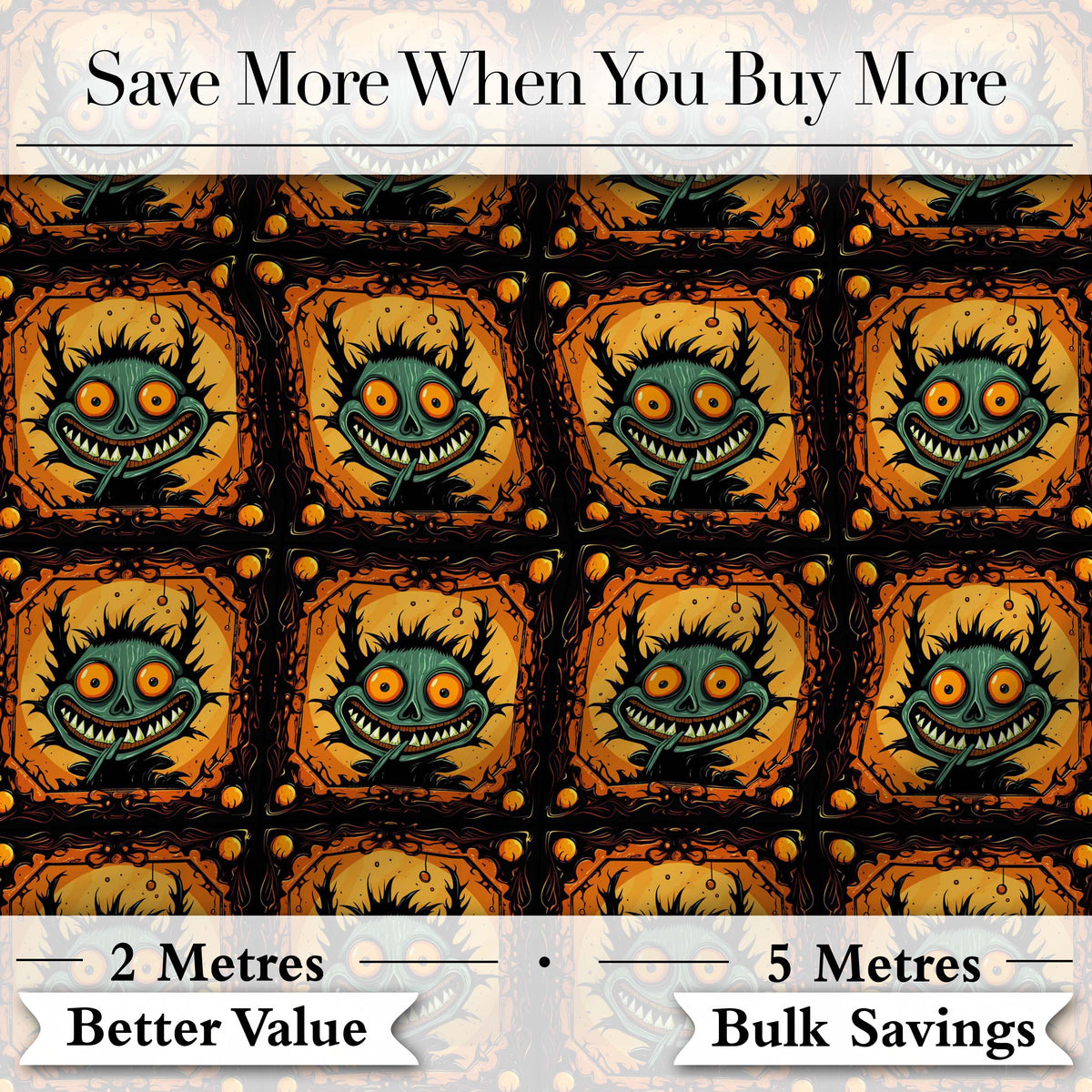 Grinning Monster Halloween Pumpkin Scene Seamless Pattern Creepy Cute Design Digital Print Fabric by the Metre UK Sewing Quilting Textile