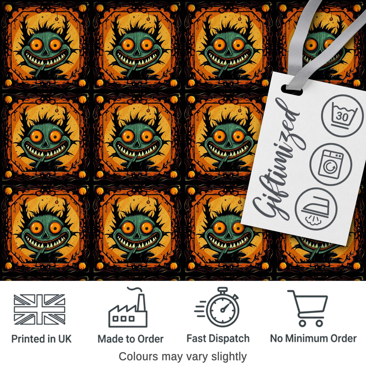 Grinning Monster Halloween Pumpkin Scene Seamless Pattern Creepy Cute Design Digital Print Fabric by the Metre UK Sewing Quilting Textile
