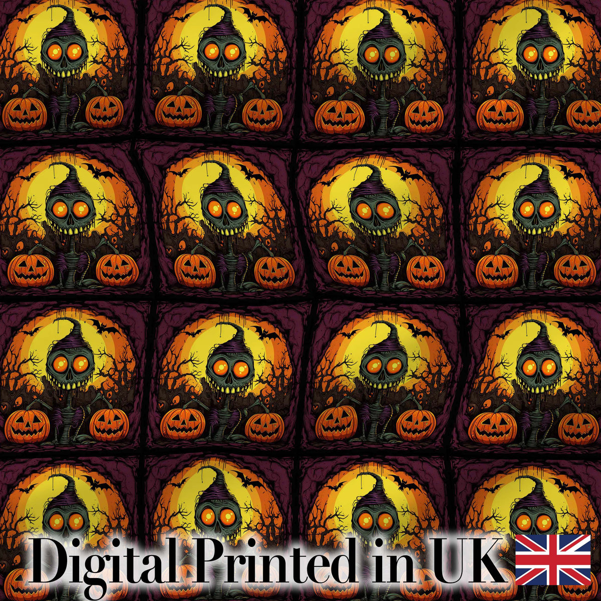 Skeleton Pumpkin Halloween Night Seamless Pattern Spooky Cute Design Digital Print Fabric by the Metre UK Sewing Quilting Textile
