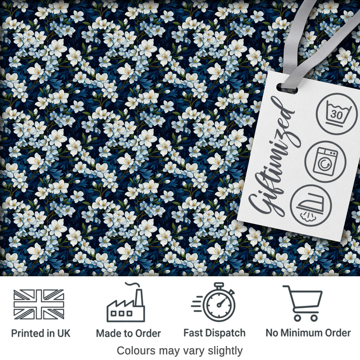 White Floral Bloom on Deep Navy Background Seamless Pattern Botanical Design Digital Print Fabric by the Metre UK Sewing Quilting Textile
