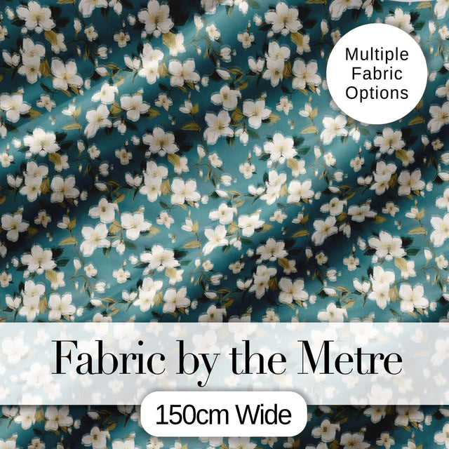 White Flower Branches on Dusty Blue Seamless Pattern Classic Botanical Design Digital Print Fabric by the Metre UK Sewing Quilting Textile