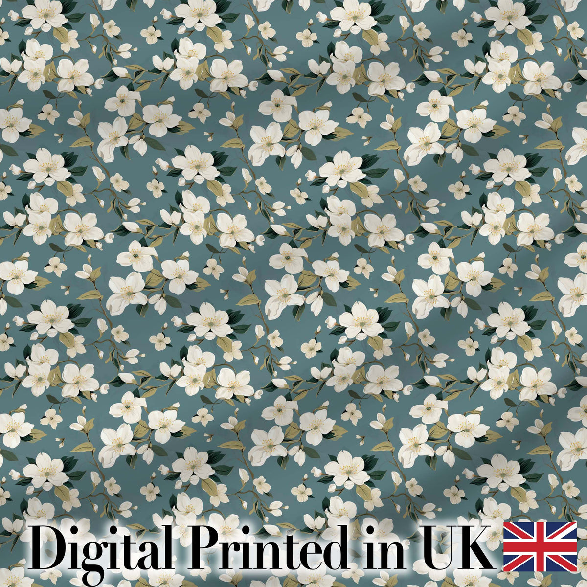 White Flower Branches on Dusty Blue Seamless Pattern Classic Botanical Design Digital Print Fabric by the Metre UK Sewing Quilting Textile