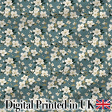 White Flower Branches on Dusty Blue Seamless Pattern Classic Botanical Design Digital Print Fabric by the Metre UK Sewing Quilting Textile