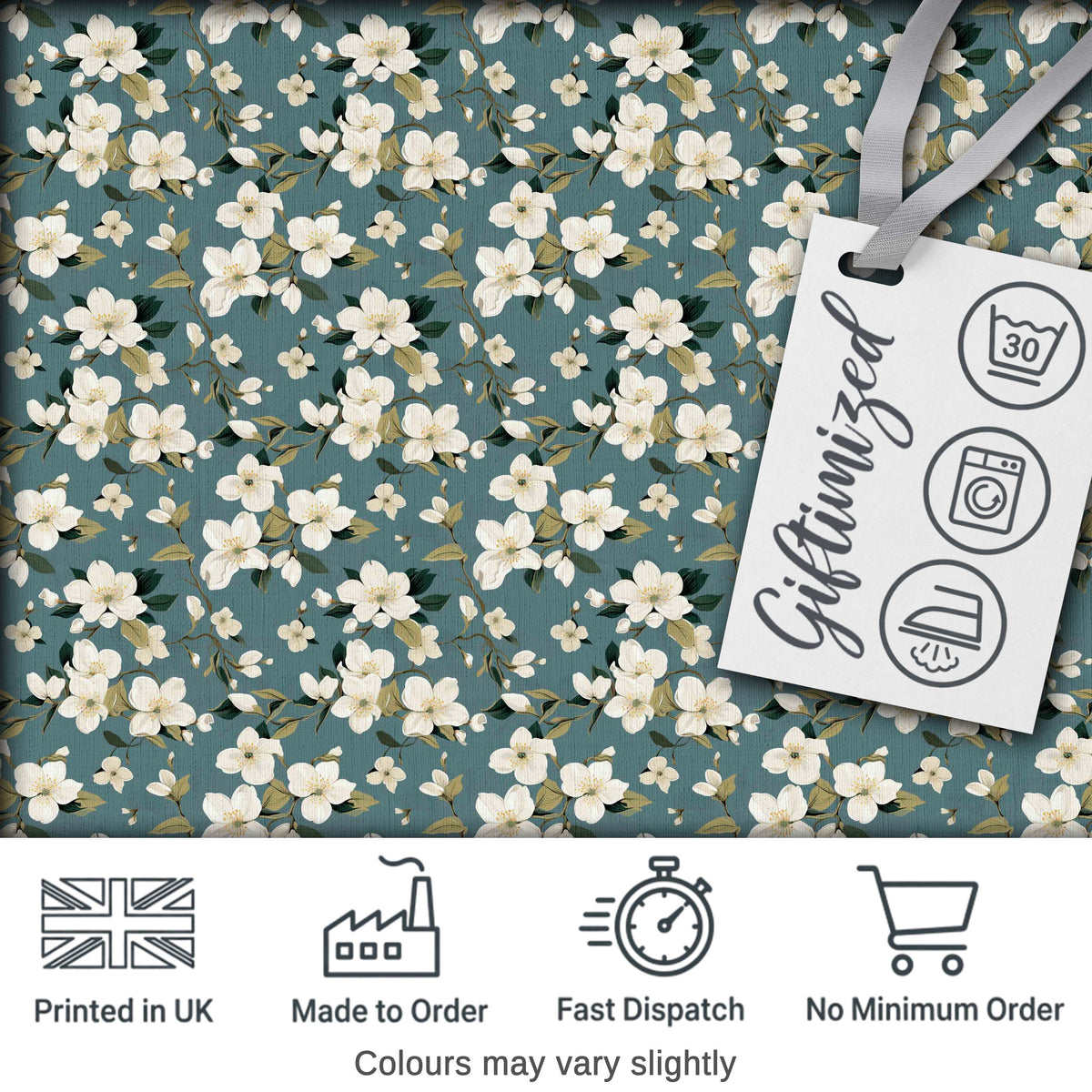 White Flower Branches on Dusty Blue Seamless Pattern Classic Botanical Design Digital Print Fabric by the Metre UK Sewing Quilting Textile