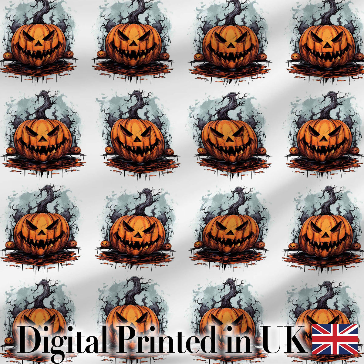 Scary Jack O Lantern Pumpkin Illustration Seamless Pattern Halloween Digital Print Fabric by the Metre UK Sewing Quilting Textile
