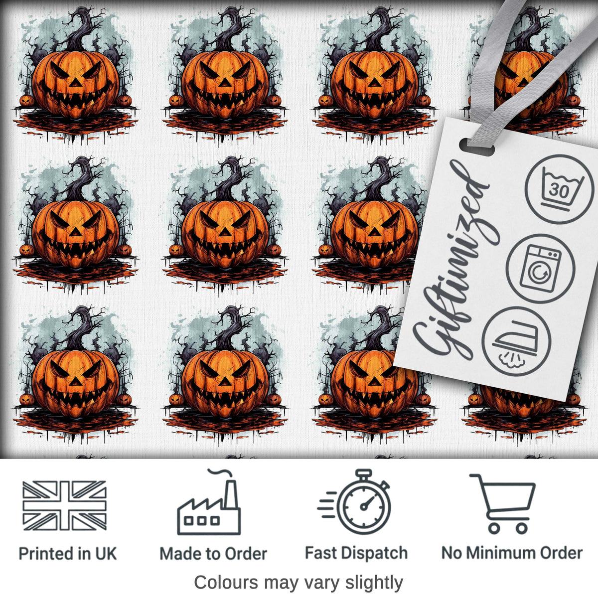 Scary Jack O Lantern Pumpkin Illustration Seamless Pattern Halloween Digital Print Fabric by the Metre UK Sewing Quilting Textile