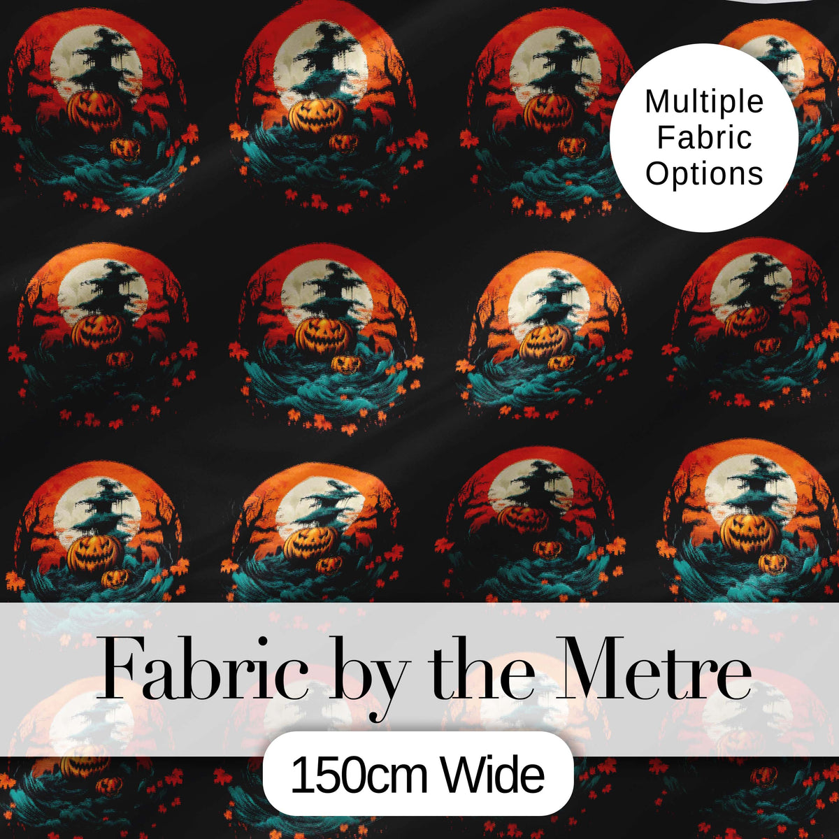 Haunted Pumpkin Landscape with Moon and Trees Seamless Pattern Digital Print Fabric by the Metre UK Sewing Quilting Textile