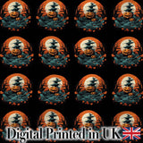 Haunted Pumpkin Landscape with Moon and Trees Seamless Pattern Digital Print Fabric by the Metre UK Sewing Quilting Textile