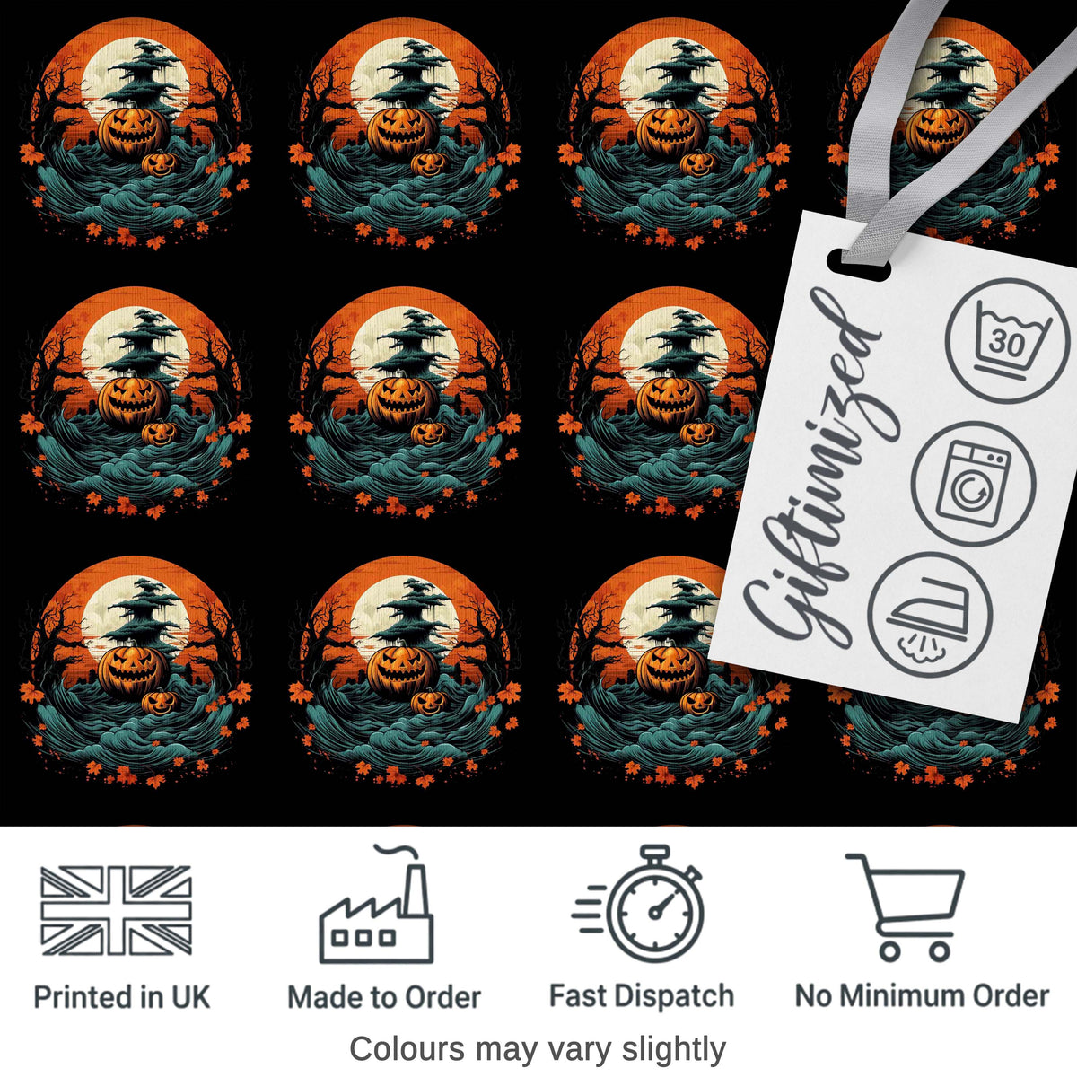 Haunted Pumpkin Landscape with Moon and Trees Seamless Pattern Digital Print Fabric by the Metre UK Sewing Quilting Textile