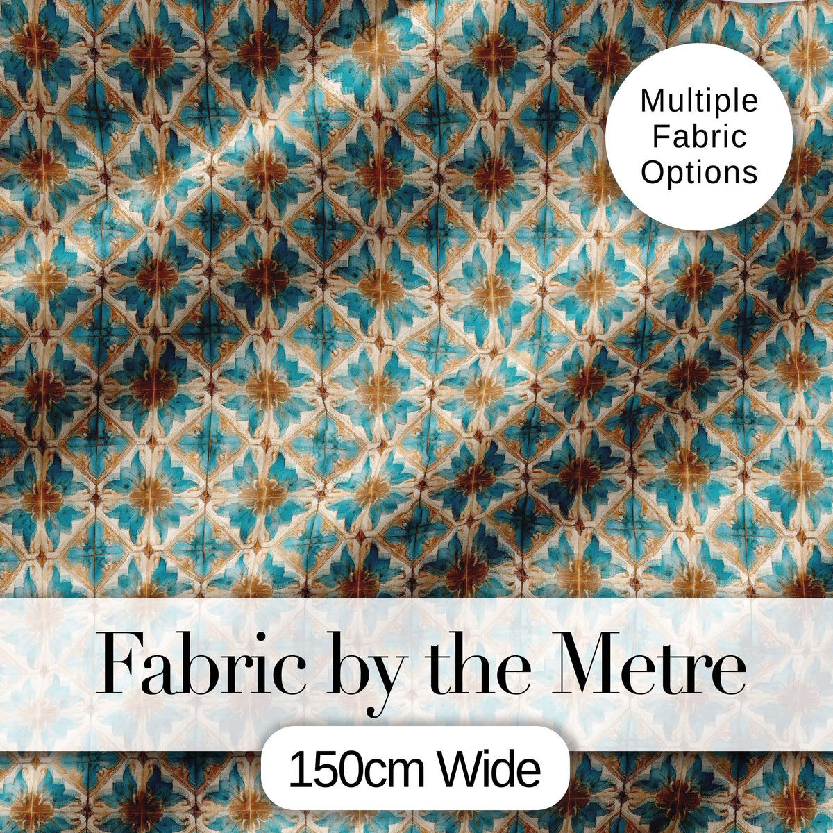 Blue Floral Ceramic Tile Pattern Vintage Style Seamless Design Digital Print Fabric by the Metre UK Sewing Quilting Textile