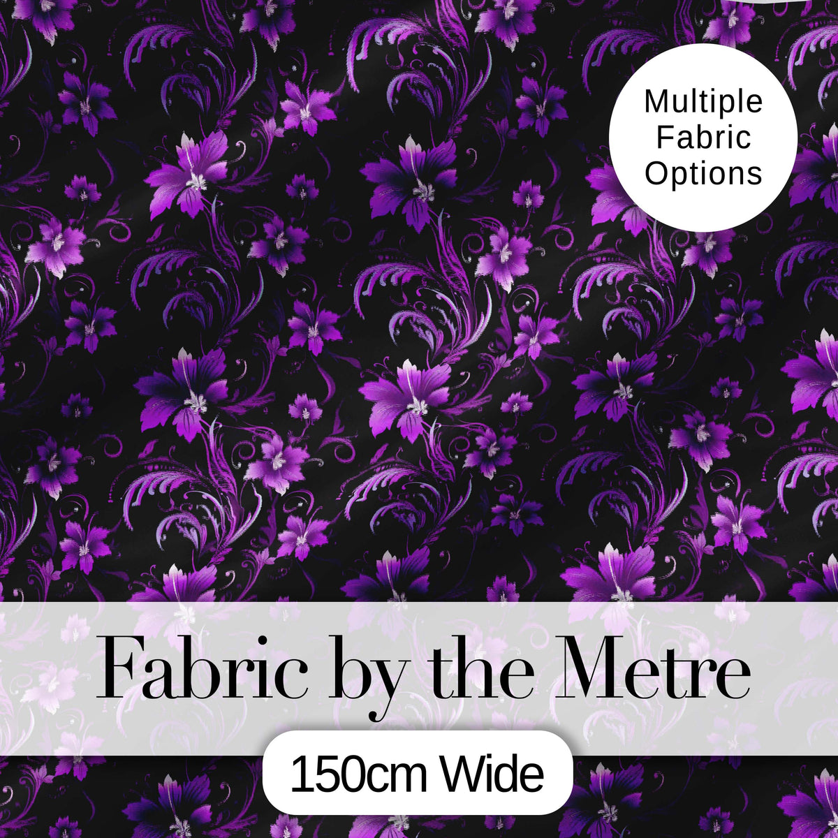 Elegant Purple Floral Swirl Pattern on Black Background Seamless Digital Print Fabric by the Metre UK Sewing Quilting Textile