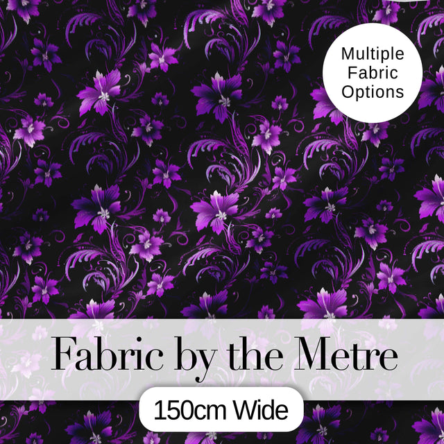 Elegant Purple Floral Swirl Pattern on Black Background Seamless Digital Print Fabric by the Metre UK Sewing Quilting Textile