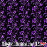 Elegant Purple Floral Swirl Pattern on Black Background Seamless Digital Print Fabric by the Metre UK Sewing Quilting Textile