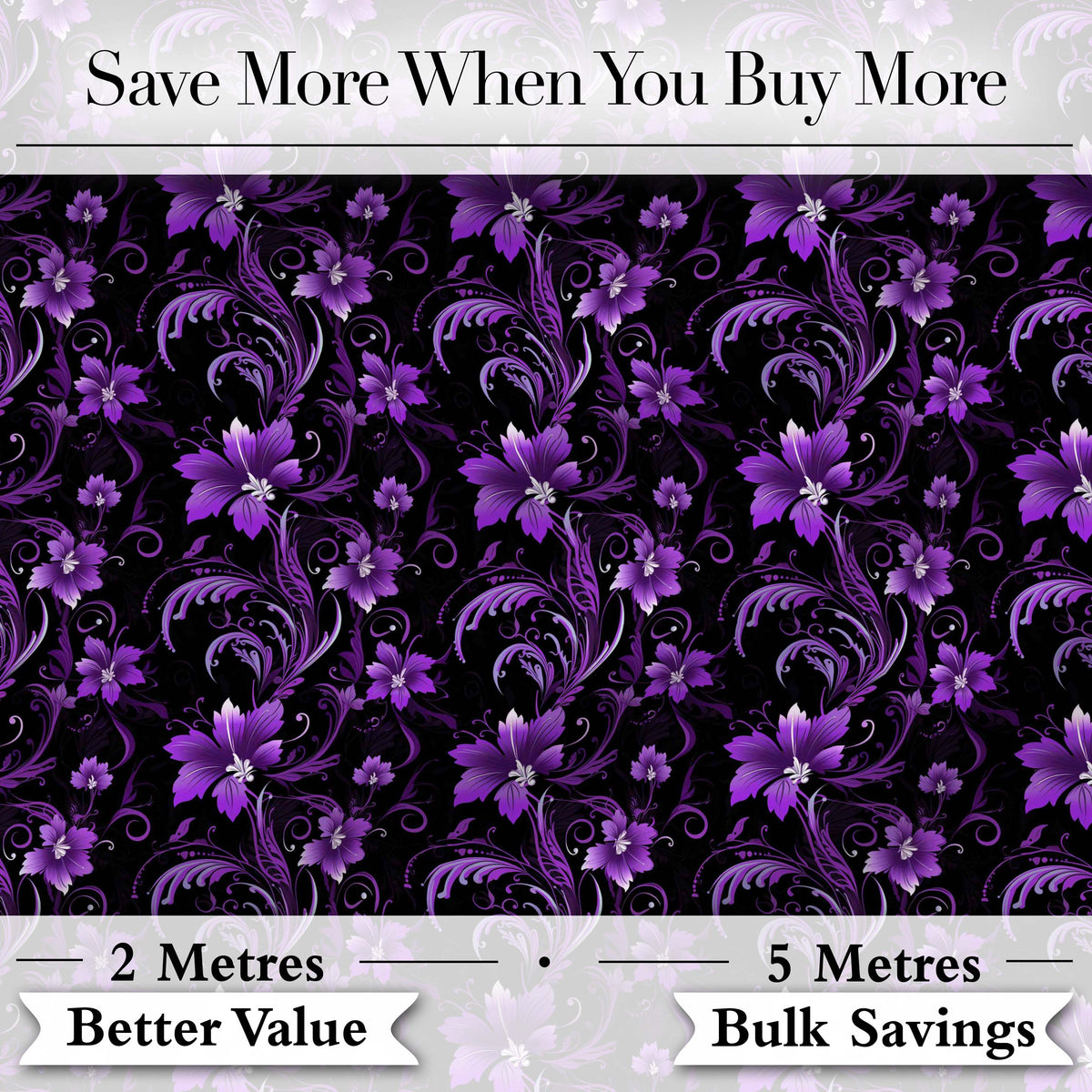 Elegant Purple Floral Swirl Pattern on Black Background Seamless Digital Print Fabric by the Metre UK Sewing Quilting Textile