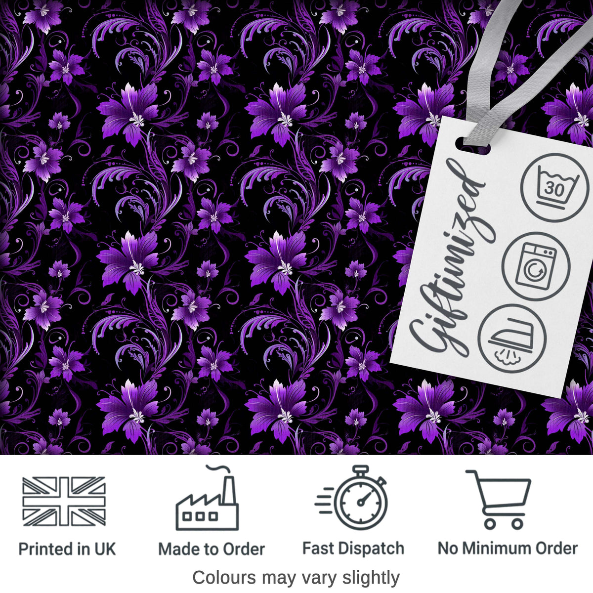 Elegant Purple Floral Swirl Pattern on Black Background Seamless Digital Print Fabric by the Metre UK Sewing Quilting Textile