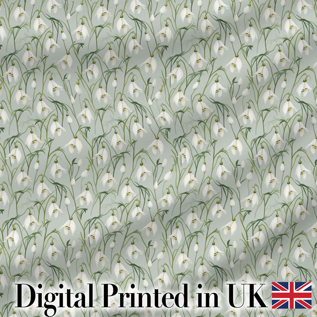 Delicate Snowdrop Flowers on Soft Sage Green Background Seamless Pattern Digital Print Fabric by the Metre UK Sewing Quilting Textile