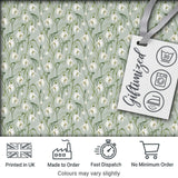 Delicate Snowdrop Flowers on Soft Sage Green Background Seamless Pattern Digital Print Fabric by the Metre UK Sewing Quilting Textile