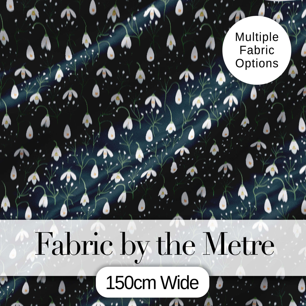 Minimal Snowdrop Floral Pattern on Dark Blue Background Seamless Design Digital Print Fabric by the Metre UK Sewing Quilting Textile
