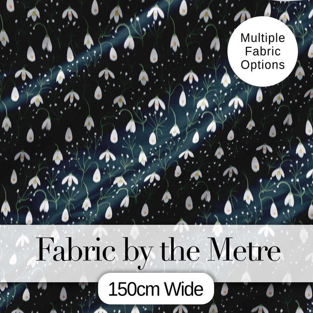 Minimal Snowdrop Floral Pattern on Dark Blue Background Seamless Design Digital Print Fabric by the Metre UK Sewing Quilting Textile