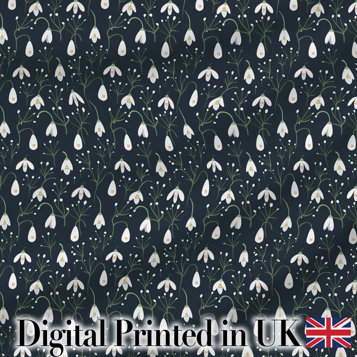 Minimal Snowdrop Floral Pattern on Dark Blue Background Seamless Design Digital Print Fabric by the Metre UK Sewing Quilting Textile
