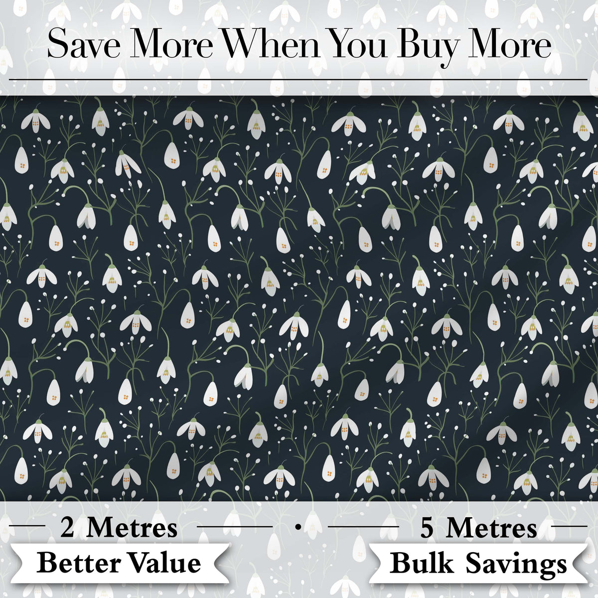 Minimal Snowdrop Floral Pattern on Dark Blue Background Seamless Design Digital Print Fabric by the Metre UK Sewing Quilting Textile